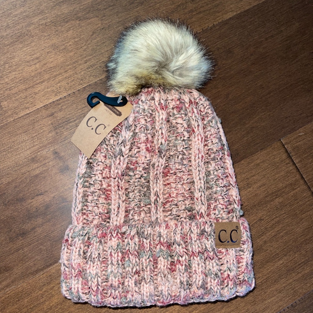 C.C Pink Multicolor Knit Beanie with Pom-Pom